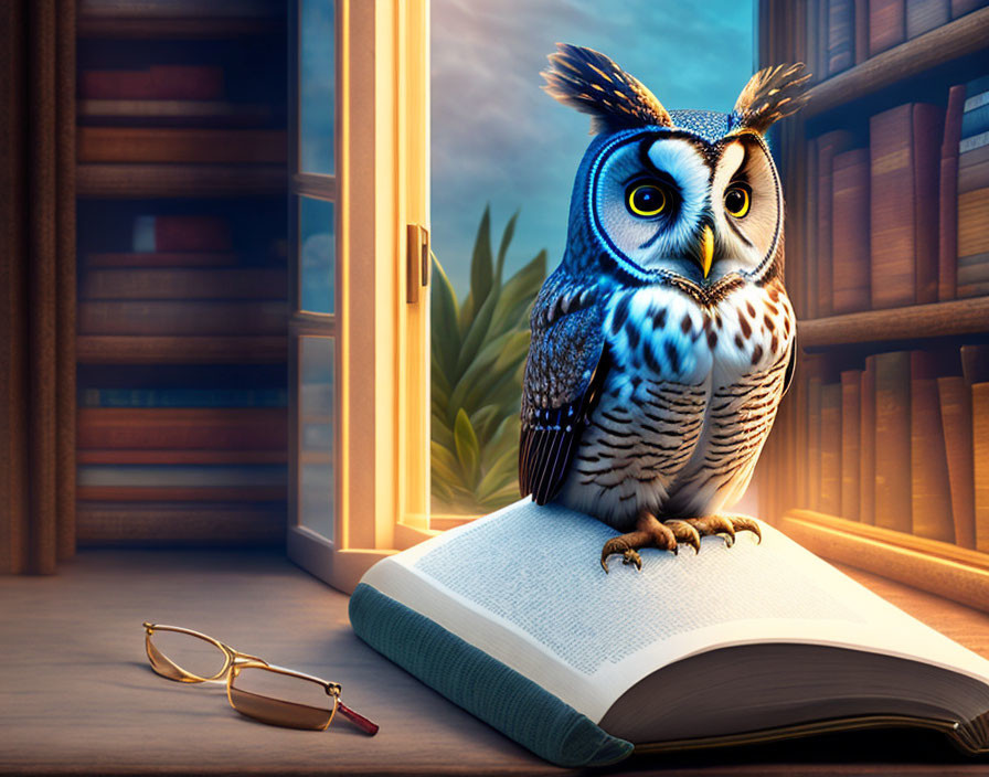 Owl on open book with eyeglasses, bookshelf, and twilight sky