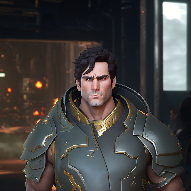 Dark-Haired Male 3D Character in Futuristic Armor with Gold Trim