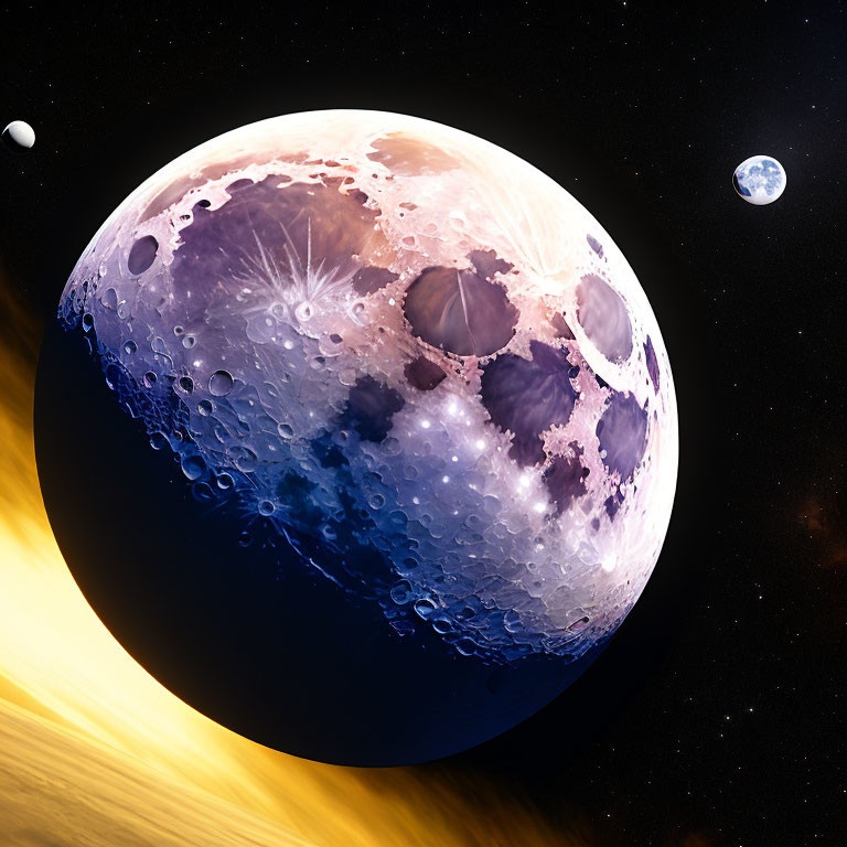 Illustration of large cratered celestial body with moons and Earth in starry space