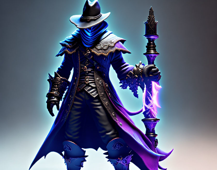 Fantasy-themed figure in wide-brimmed hat and glowing crystal staff