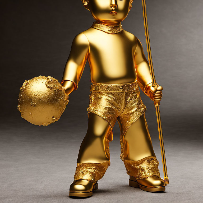 Golden animated character in glittery attire with scepter and orb against grey backdrop