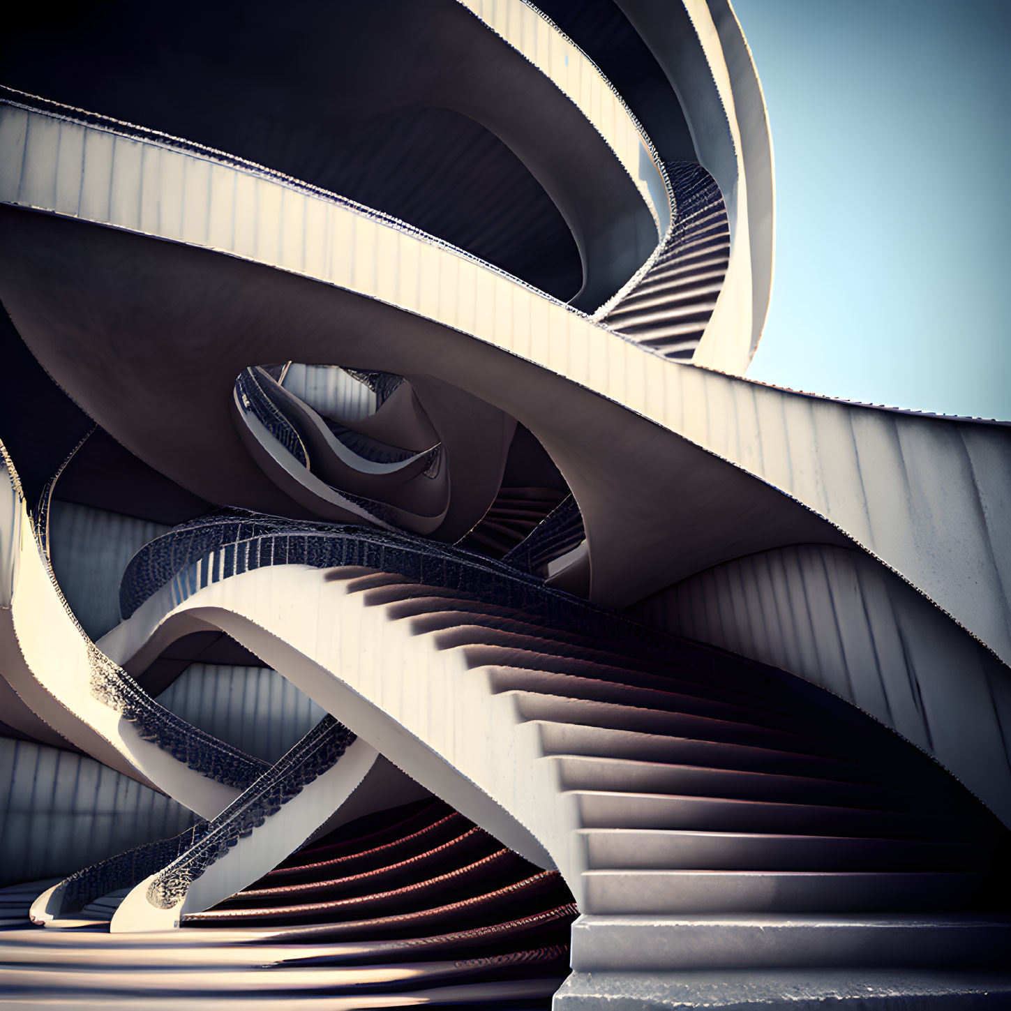 Modern architectural structure with sweeping concrete staircases in intricate, Escher-like pattern under clear sky