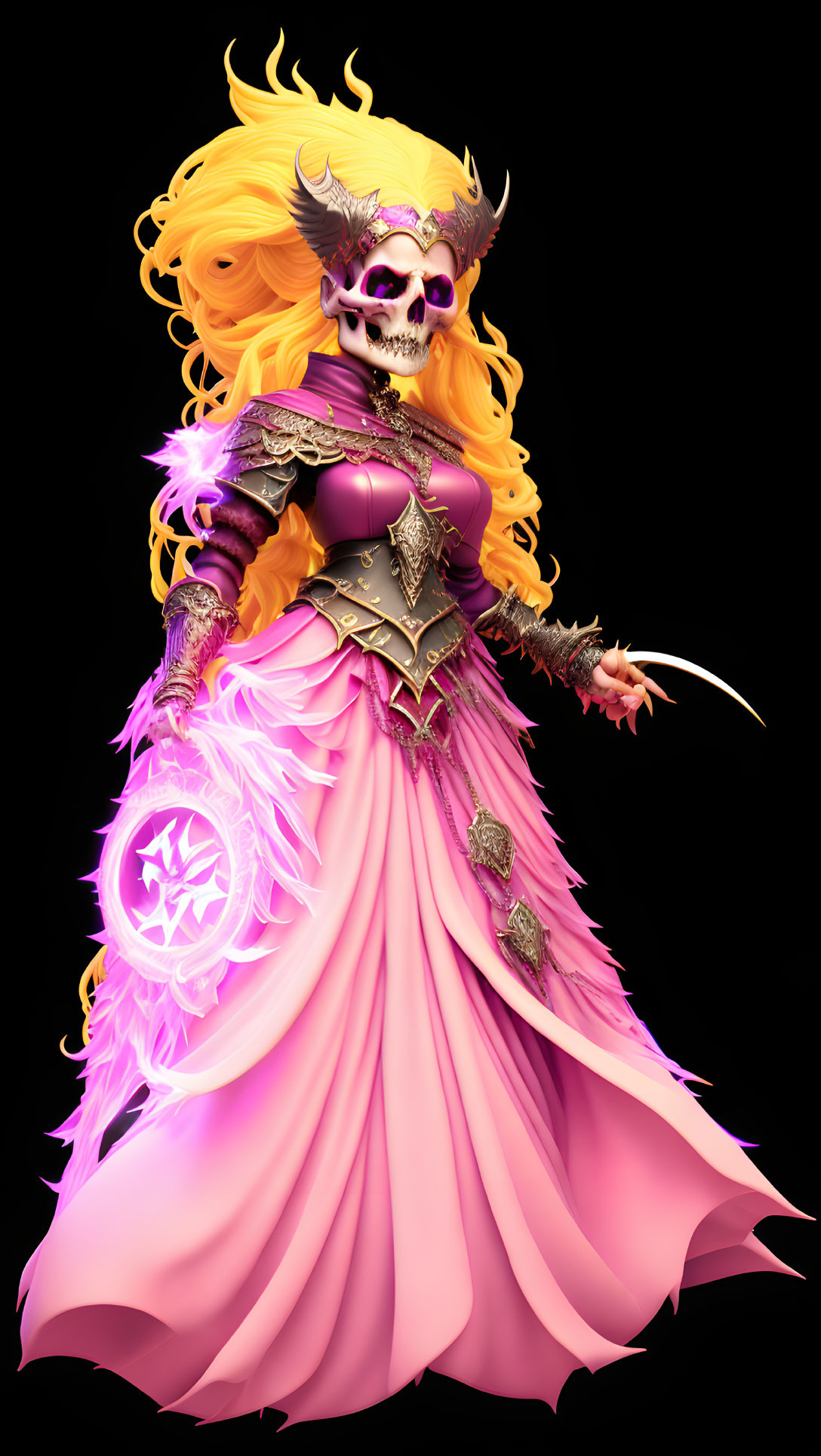 Fantasy character in ornate armor with skull-like face and golden hair holding glowing pink artifact