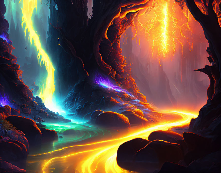 Fantastical landscape with glowing lava river and mystical tree