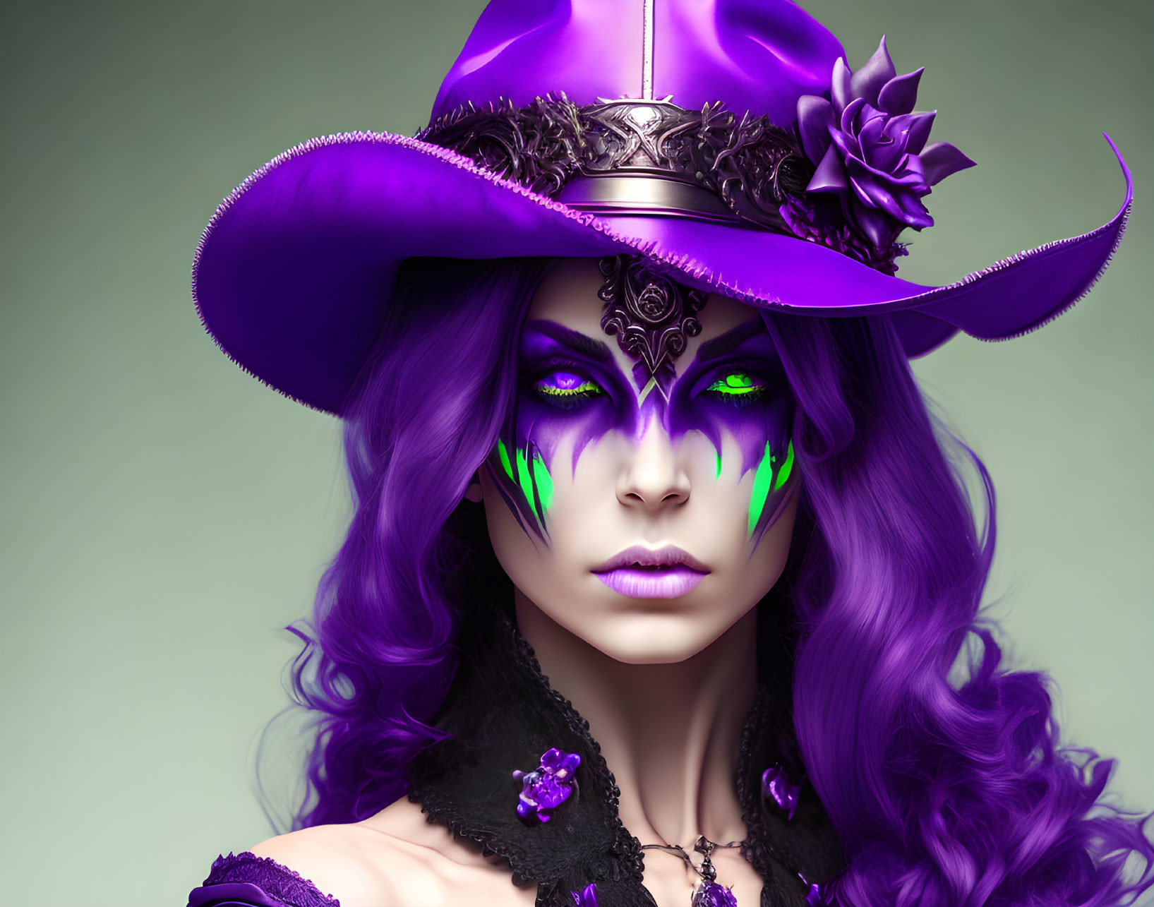 Portrait of person with purple skin, green eyes, and vibrant green markings wearing a decorated purple hat.