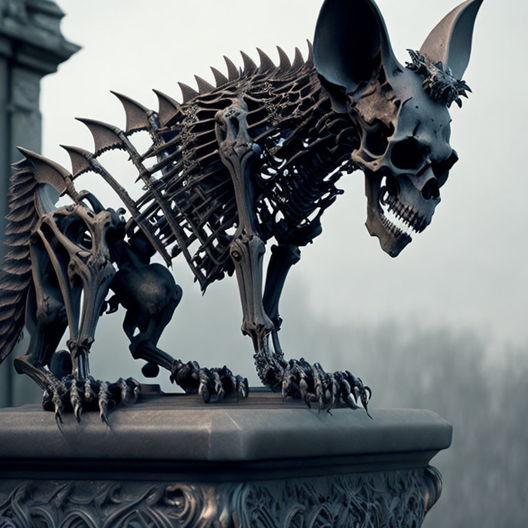 Intricate skeletal dragon sculpture on pedestal with foggy backdrop