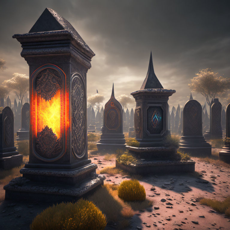 Mystical graveyard with ornate tombstones under twilight sky