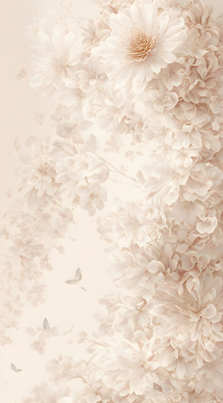 Pale Cream and White Floral Blooms with Butterflies on Beige Background