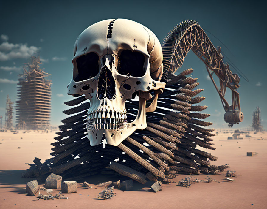 Digital Art: Large Skull on Logs in Desert with Mechanical Dinosaur Structures