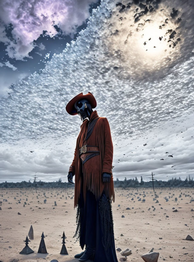 Figure in Red Hat and Cloak on Apocalyptic Desert Landscape with Birds