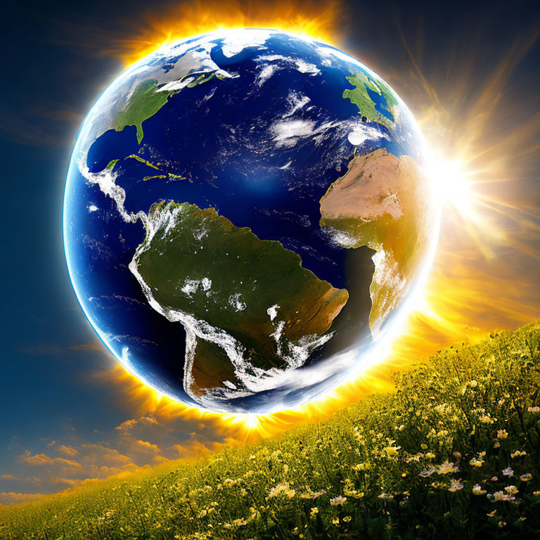 Earth floating above blooming yellow flower field under sunny sky