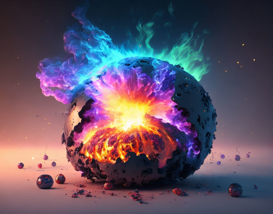 Colorful Cracked Orb Emitting Flames on Dusk Background