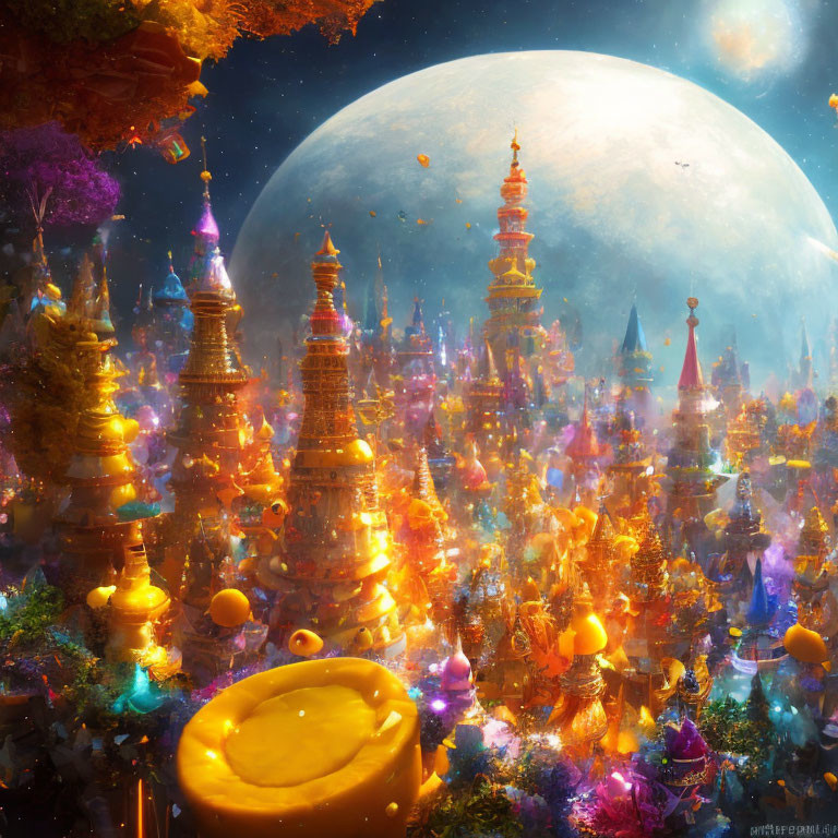 Colorful Cityscape with Ornate Towers Under Giant Moon