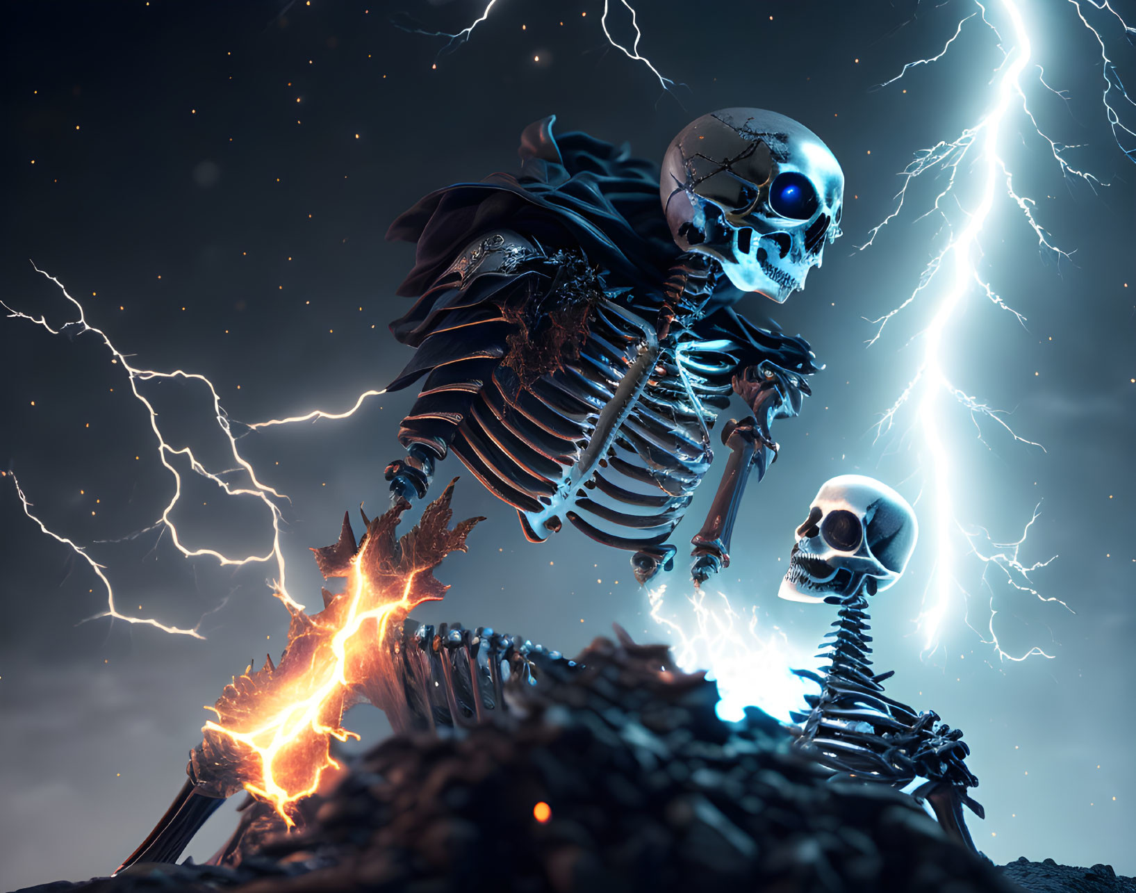 Giant skeleton in armor wields fiery sword amidst lightning