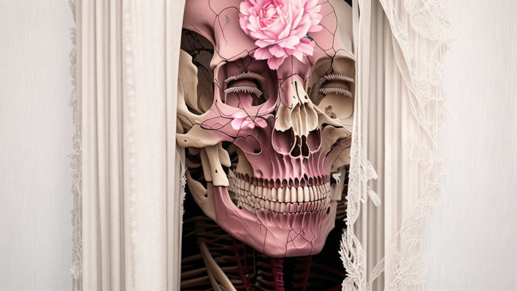 Digital art: Human skeleton intertwined with pink florals