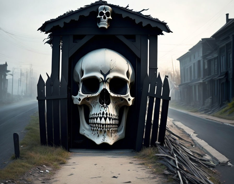 Spooky gatehouse entrance with large skull on foggy street