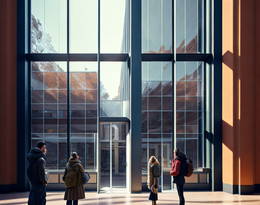 Three People Standing Inside Modern Building Looking at Autumn Trees