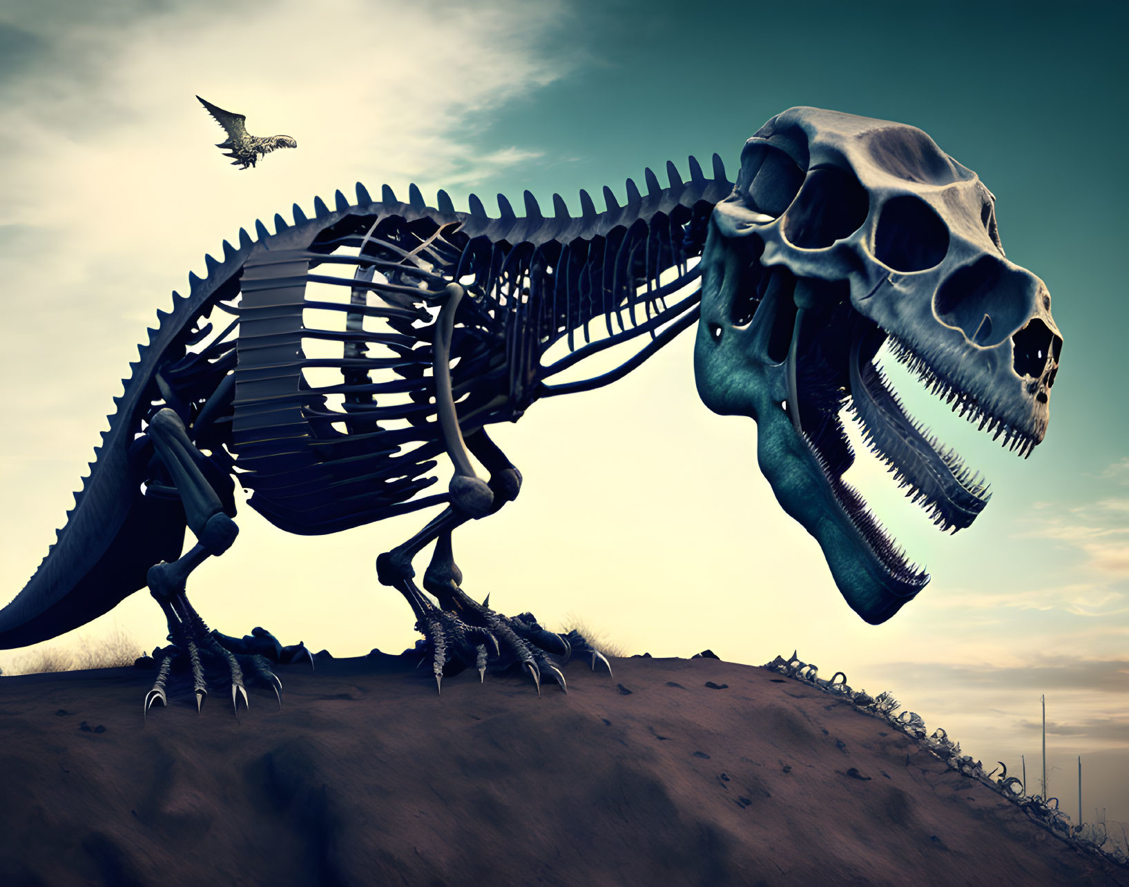 Digital art: Tyrannosaurus Rex skeleton on hill at dusk with flying bird