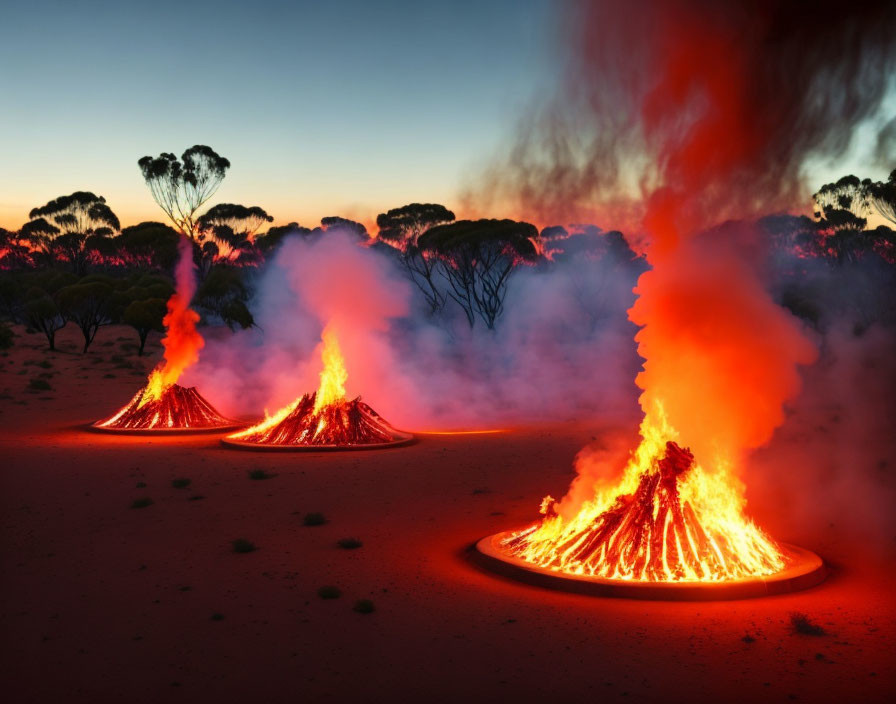 Fiery cone-shaped structures emit red smoke in desert twilight.