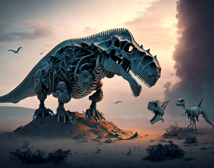 Skeletal dinosaur in desert landscape with dramatic sky