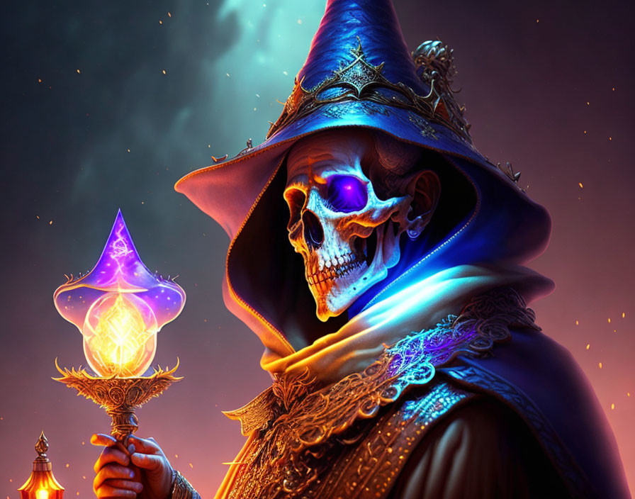 Colorful skeletal figure in royal attire with glowing staff under starry sky