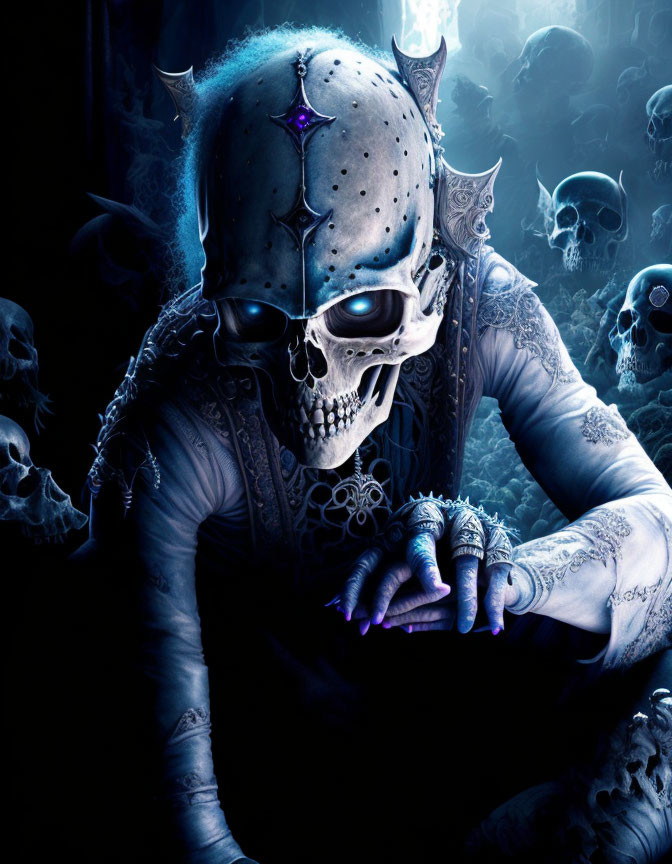 Detailed illustration of humanoid skull with ornate headgear and tattoos in cool blue tone.