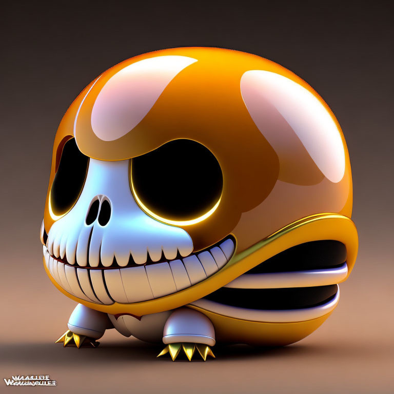 Exaggerated 3D Skull Illustration with Golden Highlights