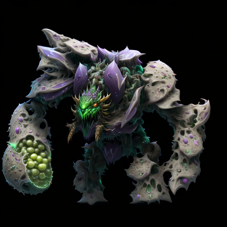 Fantastical creature with green skin, purple spikes, and rock-like armor