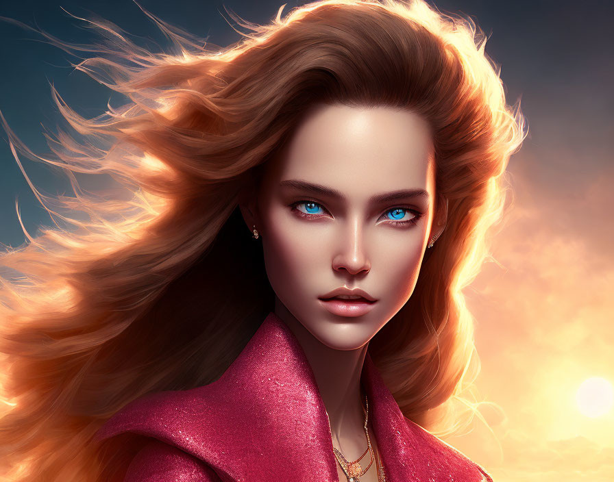 Portrait of woman with red hair, blue eyes, pink jacket, against warm sunset background