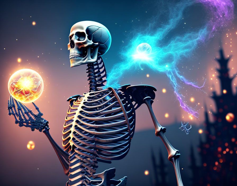 Stylized skeleton with fiery orb in mystical landscape