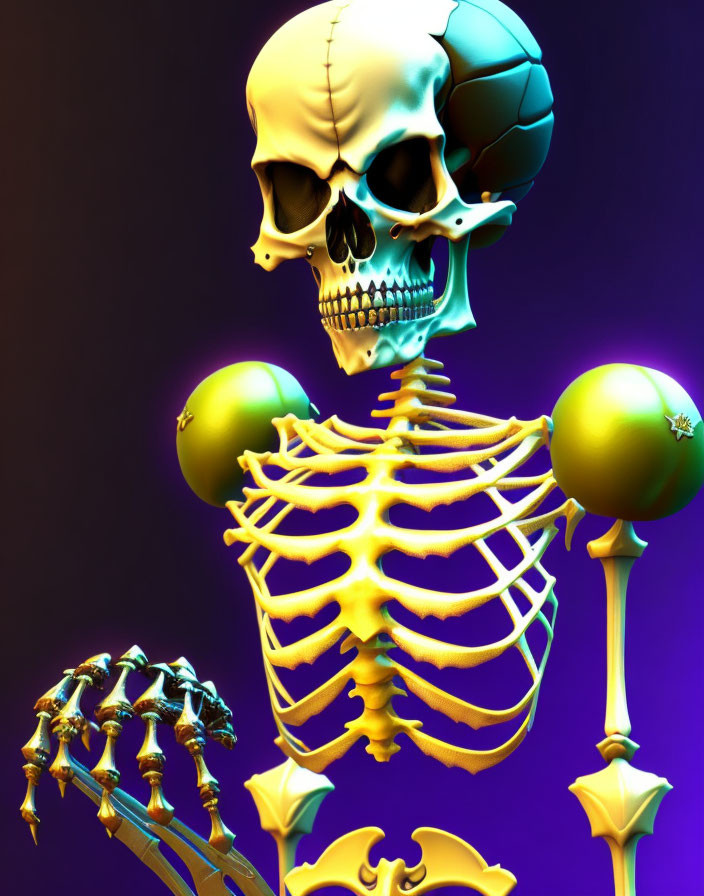 Colorful 3D human skeleton with yellow ribcage and golden apples on purple background