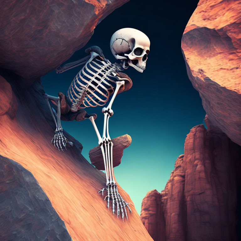 Skeleton contemplating in rocky desert canyon with red cliffs and azure sky