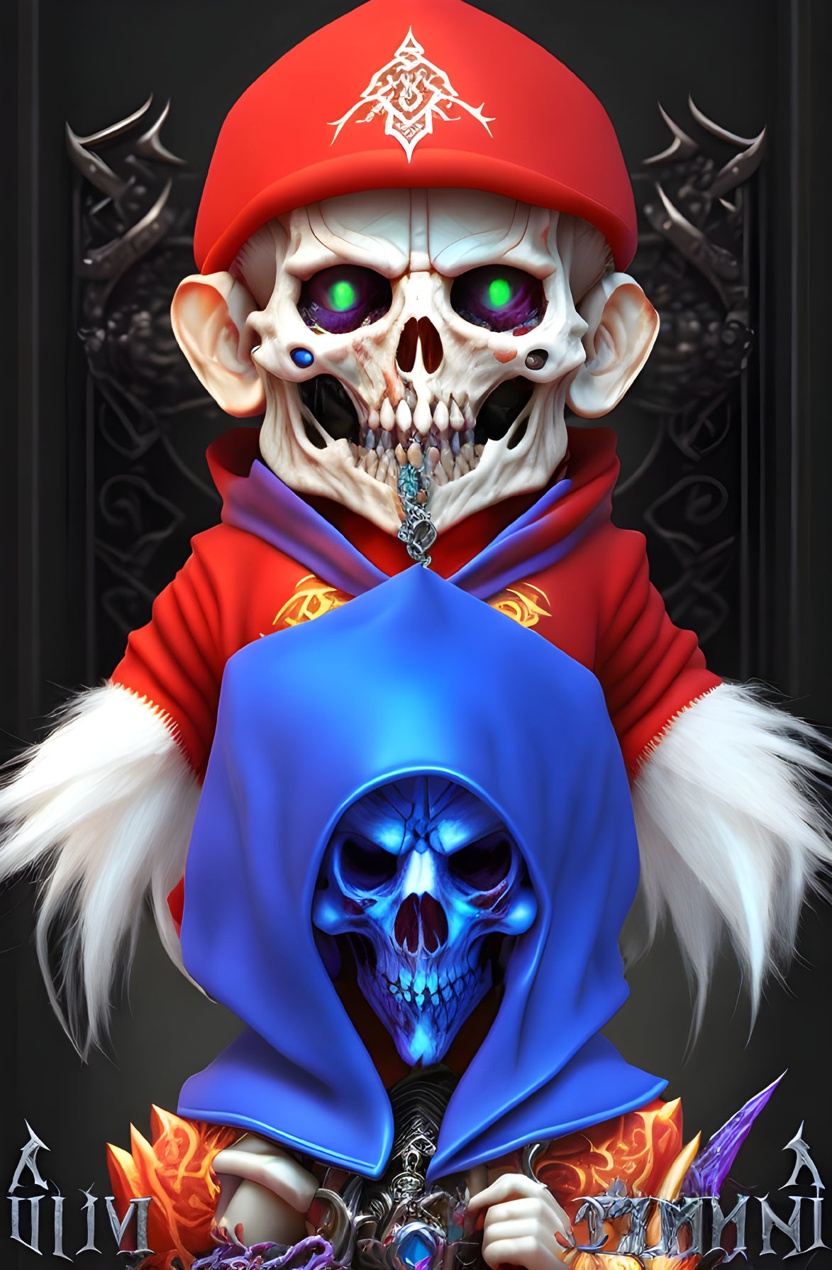 Stylized graphic of skeleton in red cap and blue cloak