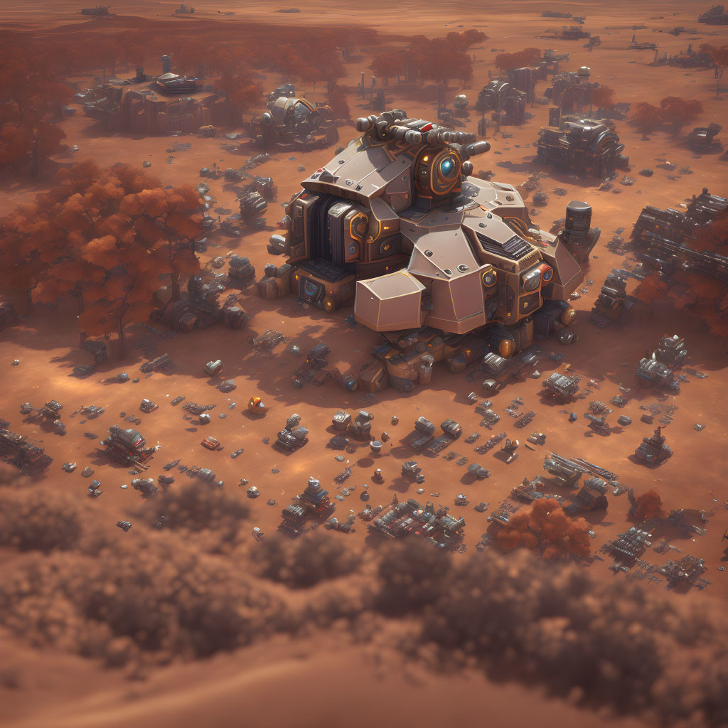 Futuristic colony with central dome amidst barren orange landscape