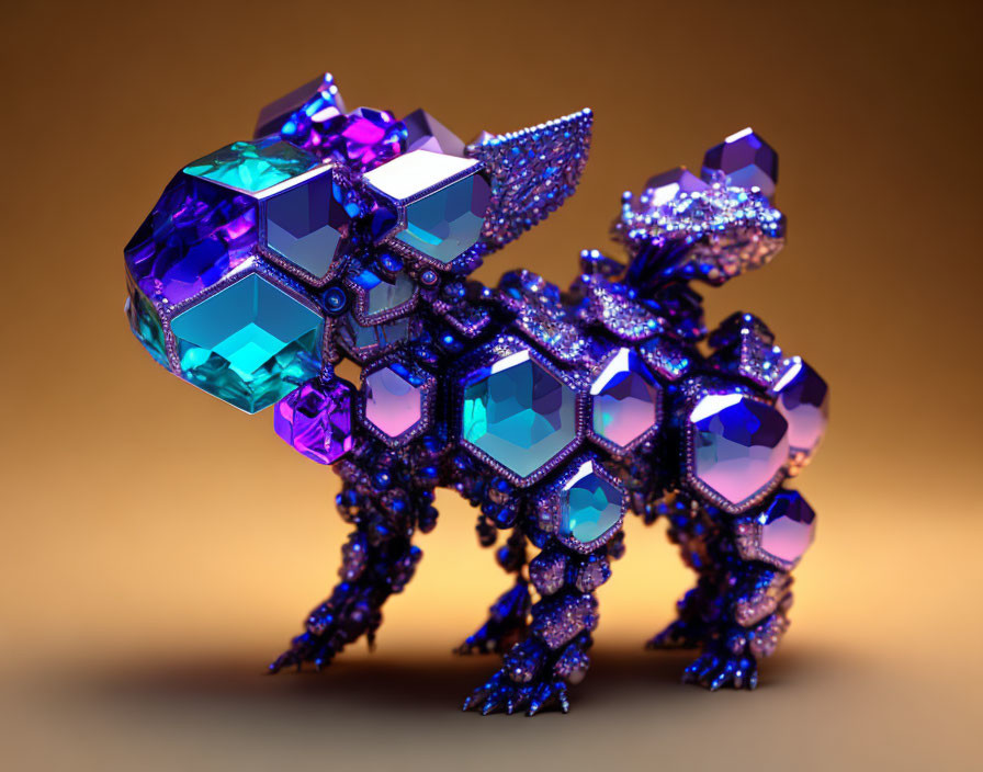 Vibrant Blue and Purple Crystal Creature on Orange Background