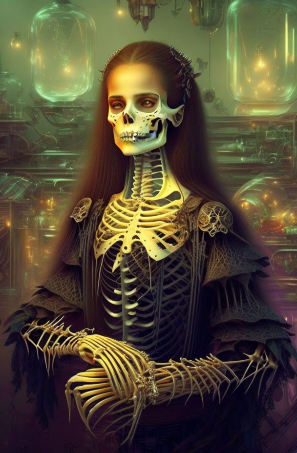 Half-skeletal female figure in futuristic setting.