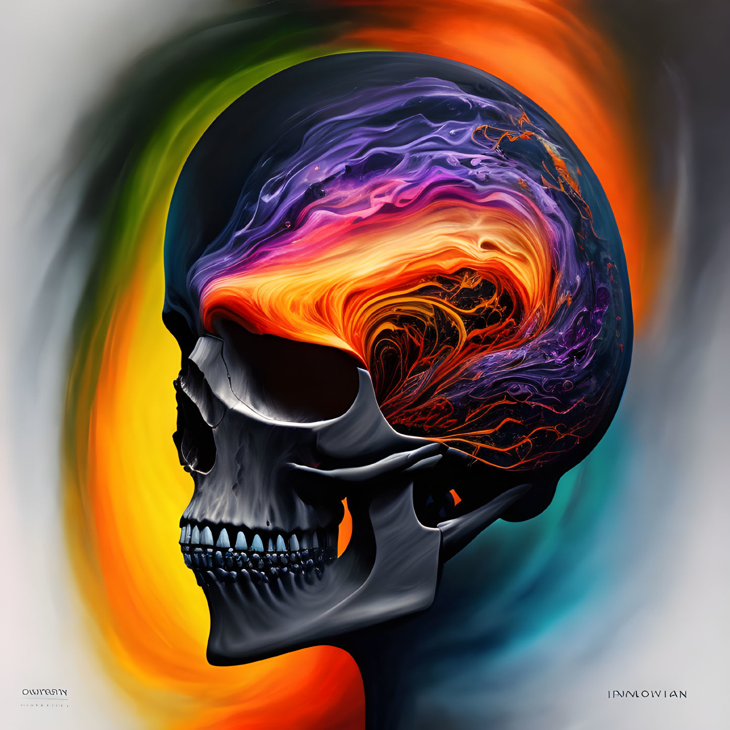 Vibrant surreal artwork: human skull with cosmic explosion of colors