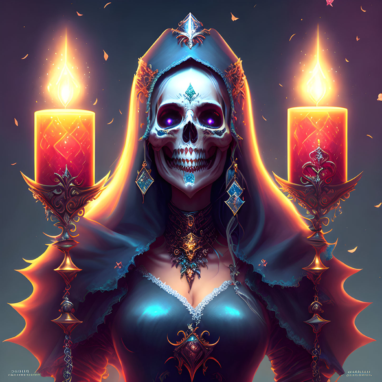 Illustration of female figure with skull face and ornate jewelry in mystical setting