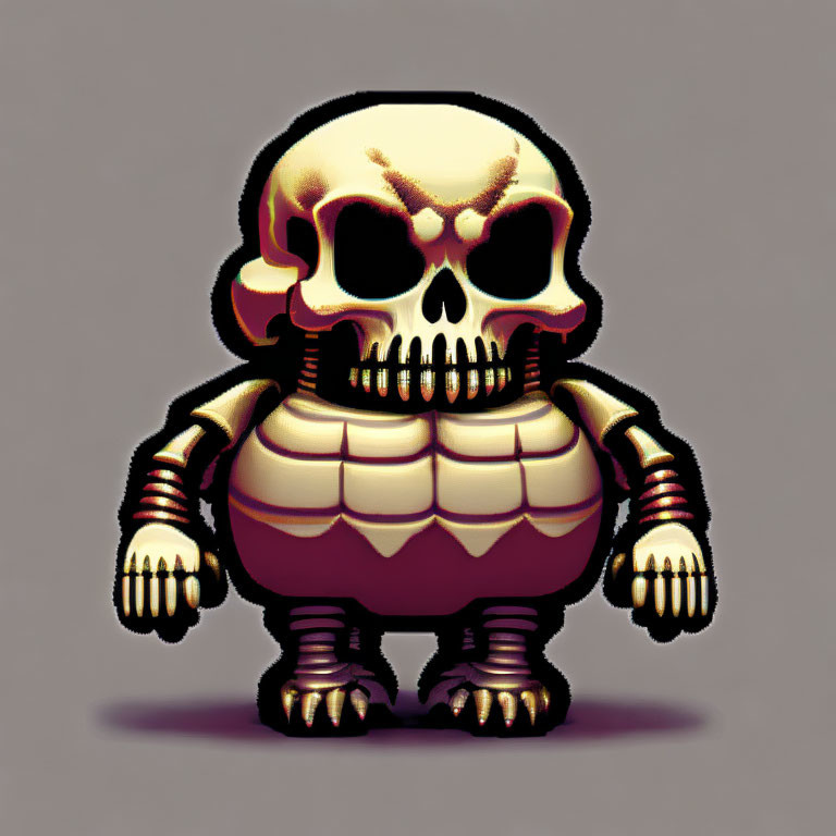 Skull-headed character with muscular body in gloves and boots on gray background