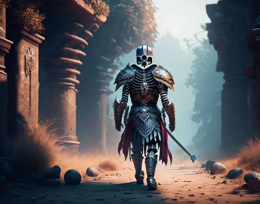 Armored figure with skull helmet in dusky forest with ruins.