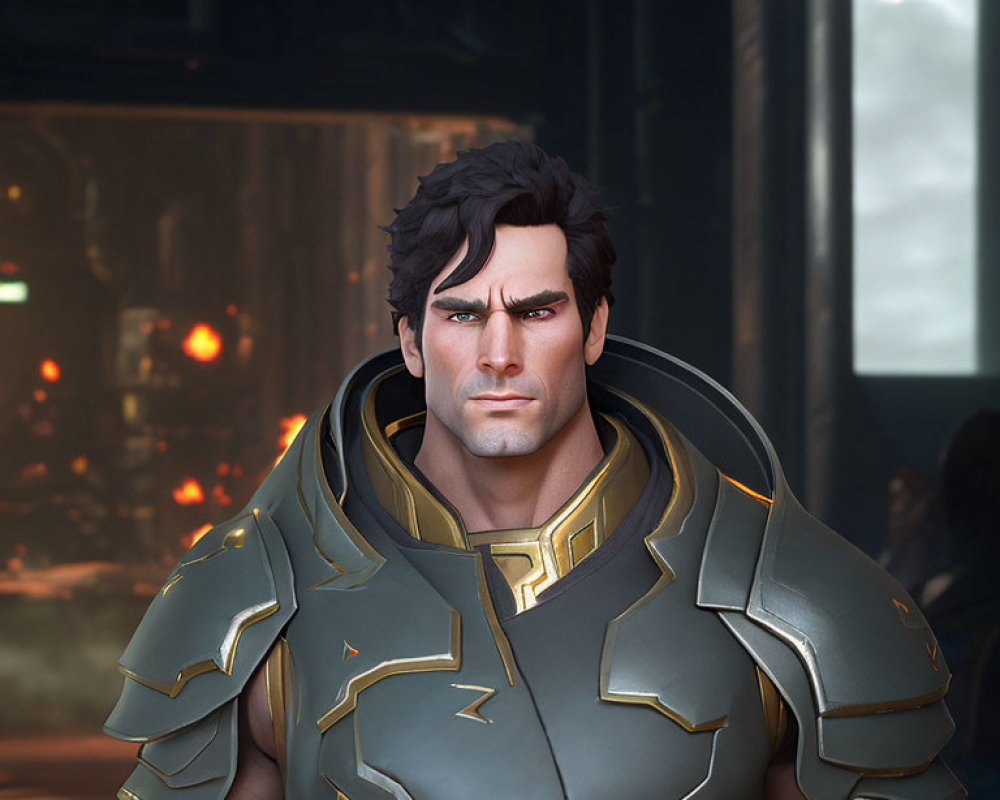 Dark-Haired Male 3D Character in Futuristic Armor with Gold Trim