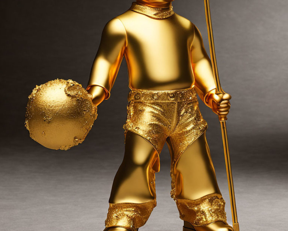 Golden animated character in glittery attire with scepter and orb against grey backdrop