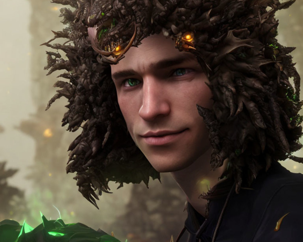 Person with Smiling Face, Branch Wreath, and Orange Eyes in Fantasy Theme