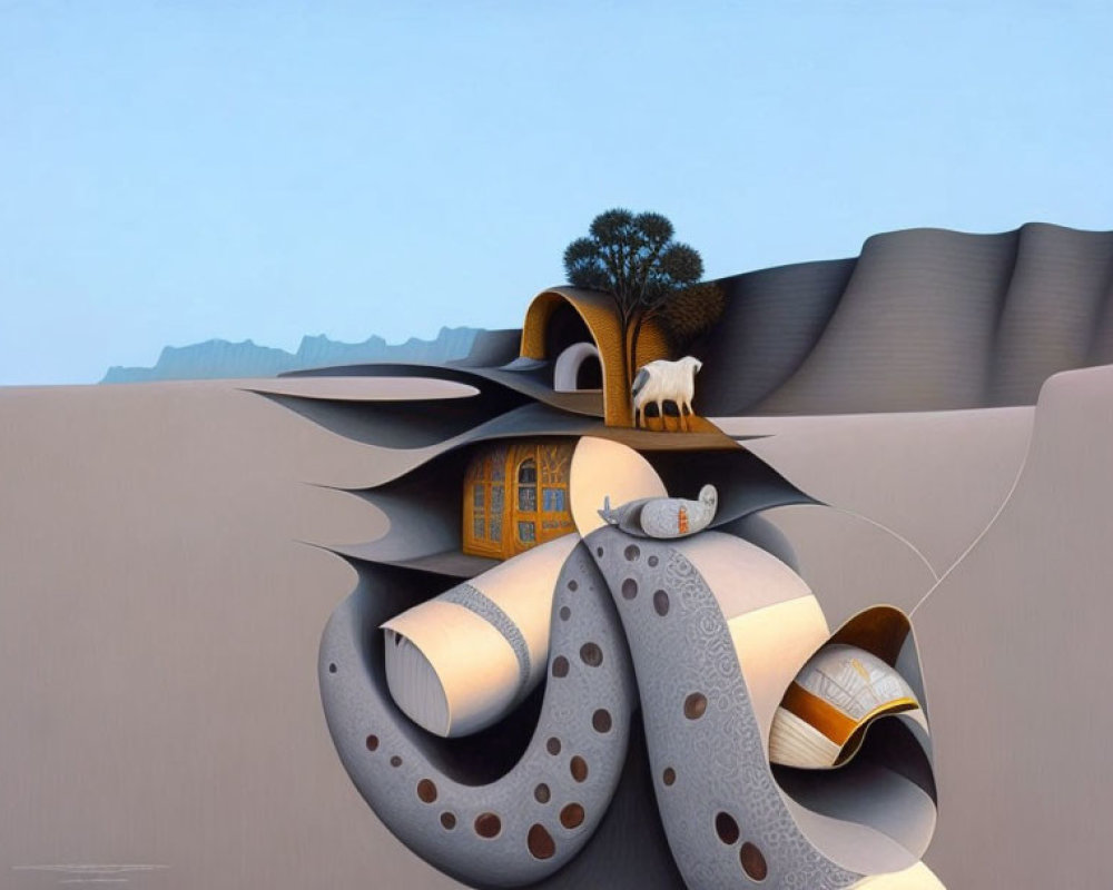 Surrealist painting of house with undulating walls, tree, and goat in barren landscape