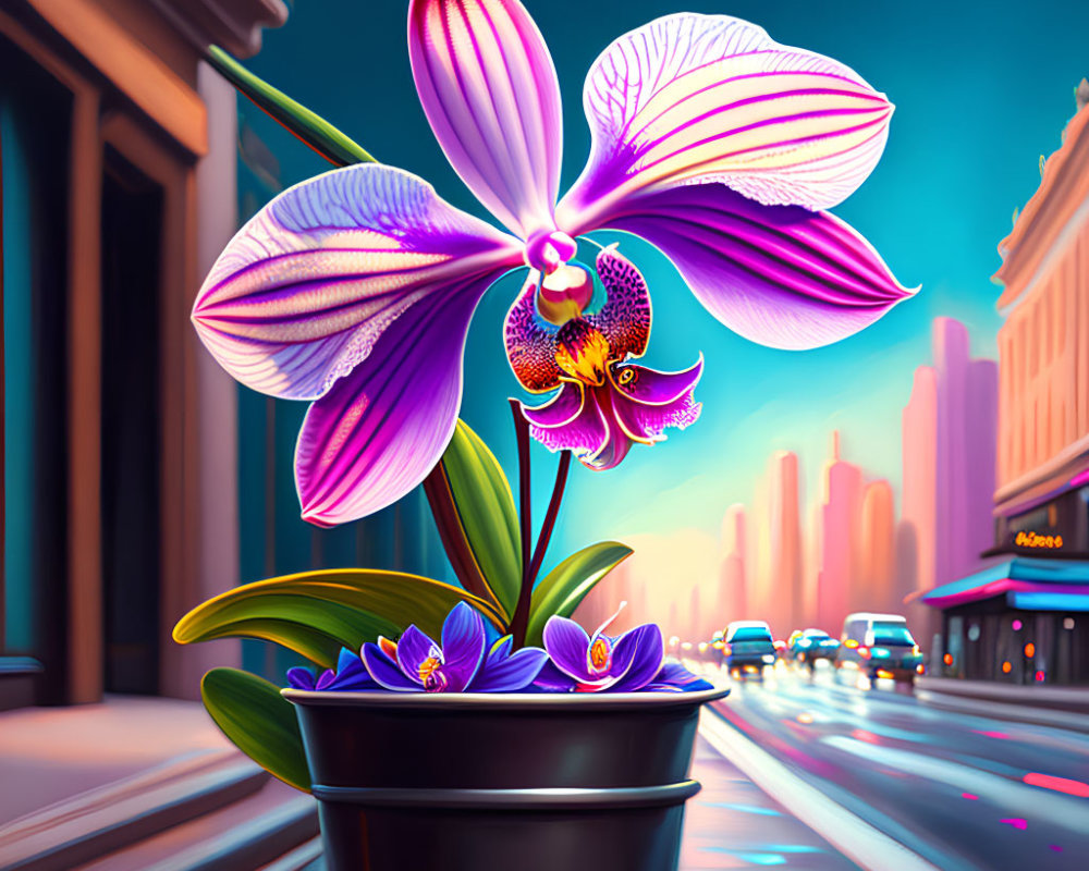 Colorful digital artwork: Purple orchid in pot with urban backdrop