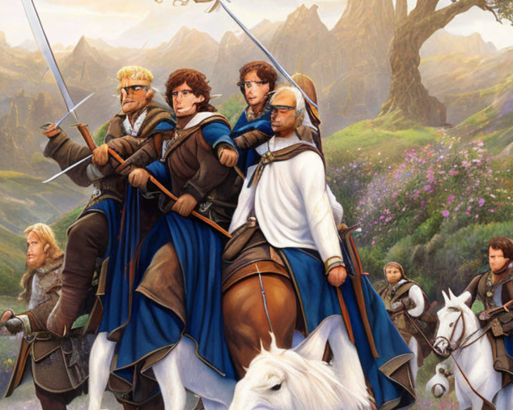 Fantasy illustration of four heroes riding through flower-covered valley