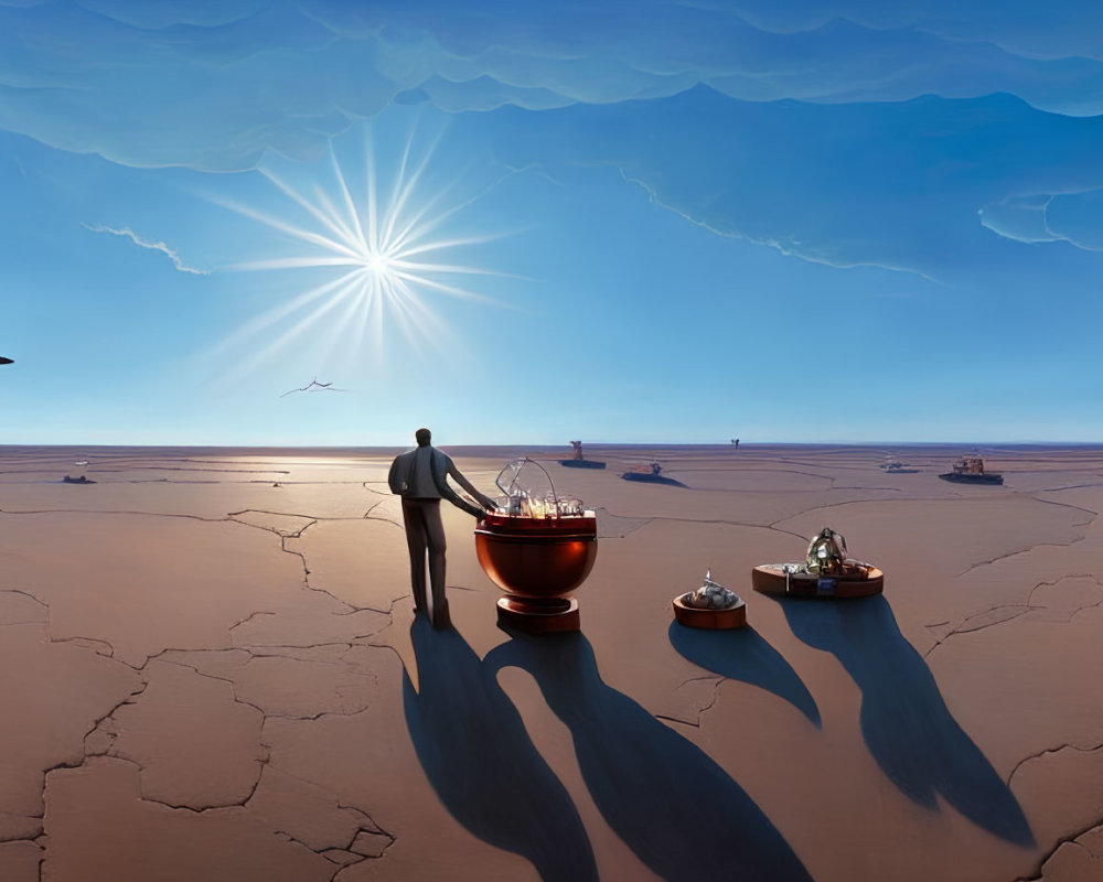 Surreal landscape with lone figure rowing boat on cracked earth