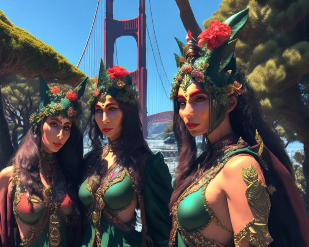 Three women in fantasy costumes with floral headpieces at Golden Gate Bridge landscape.