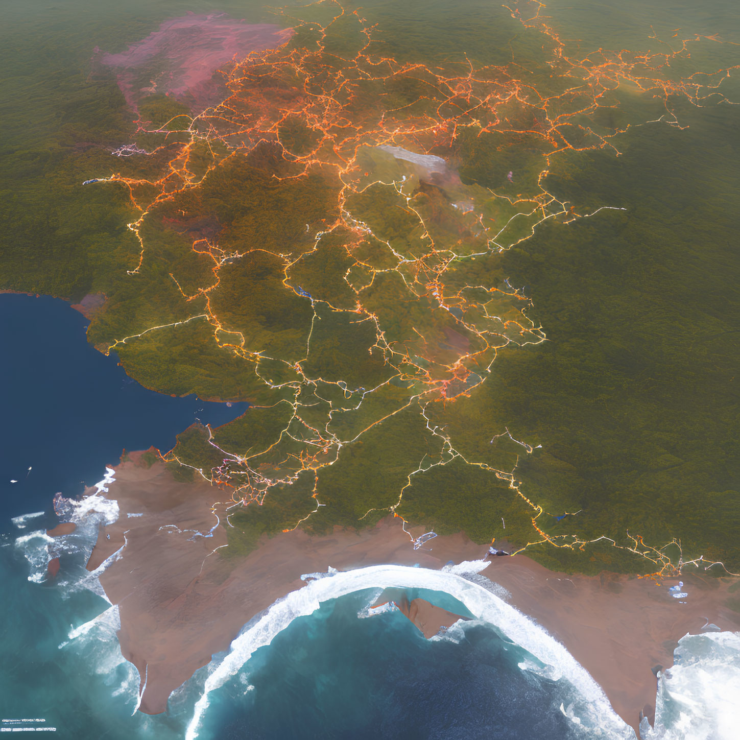 Satellite Image of Illuminated Road Network Over Diverse Landscape