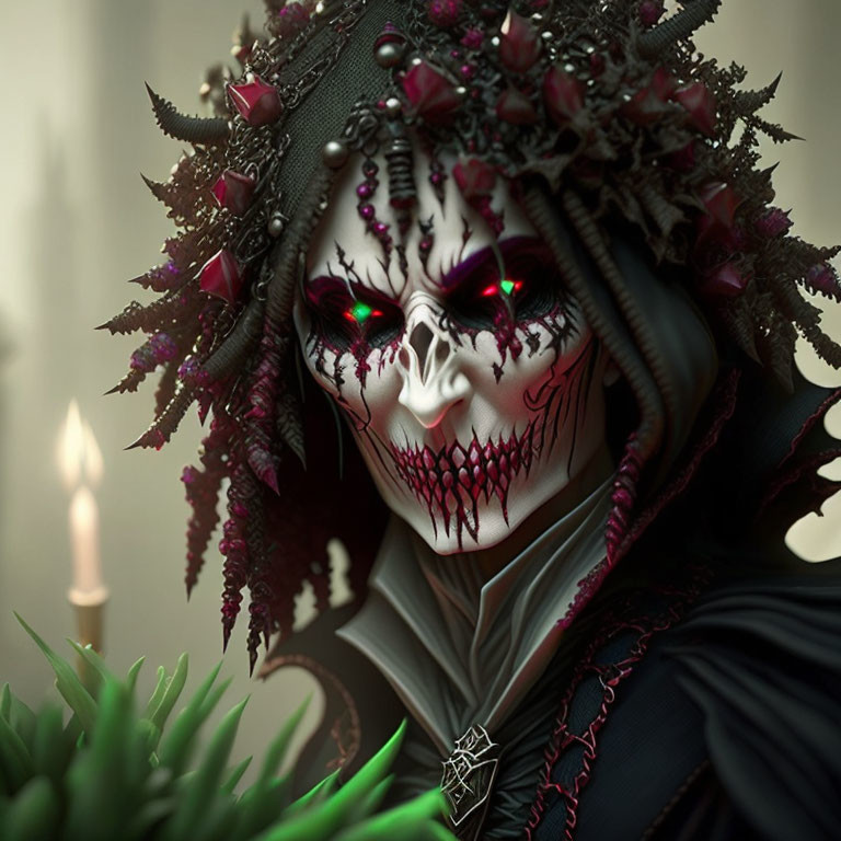 Skull-faced figure with red eyes and floral crown on dark background